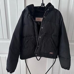 UGG Black Down Jacket with Silver Zipper and original UGG logo on front and back